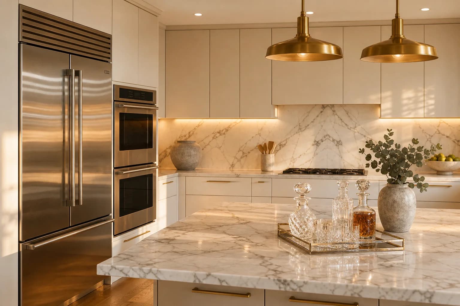 Luxury kitchen with professional range, hood and built-in refrigeration