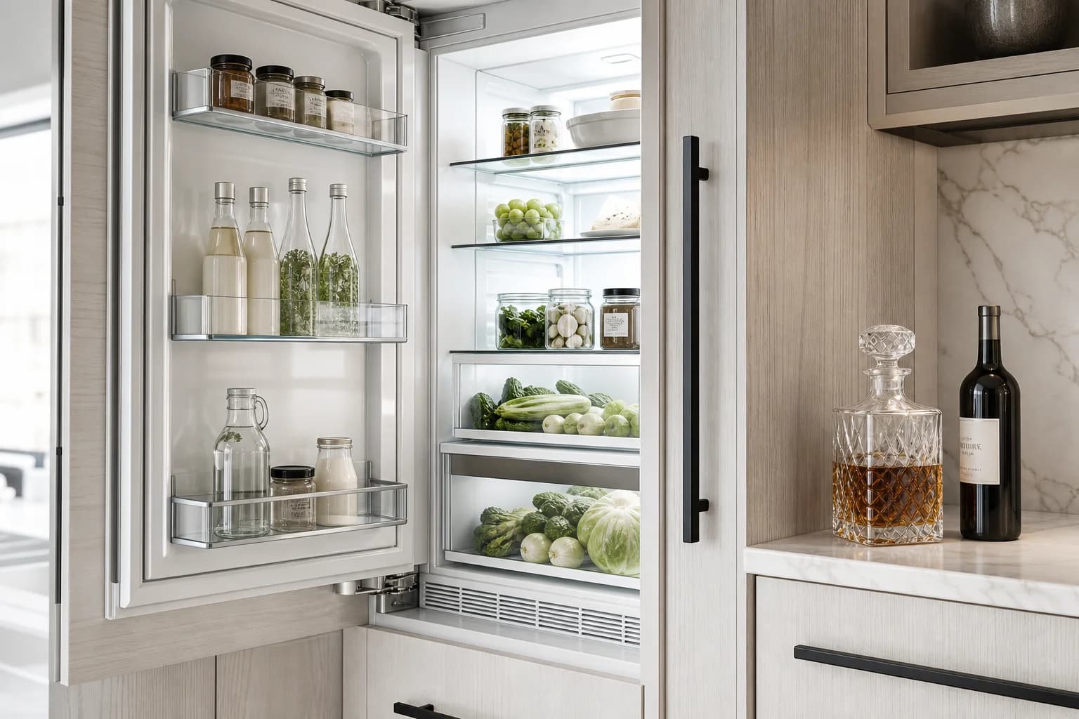 Open refrigerator with glowing stocked interior in a warm oak kitchen