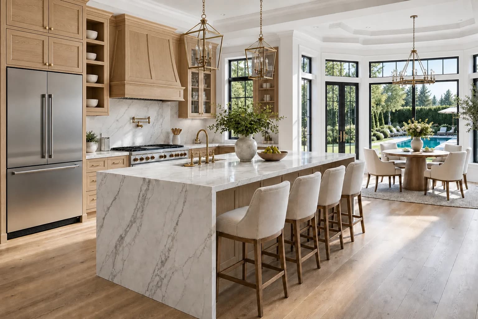 Daylit kitchen with sage cabinetry, a marble waterfall island, professional range and built-in refrigeration overlooking a garden